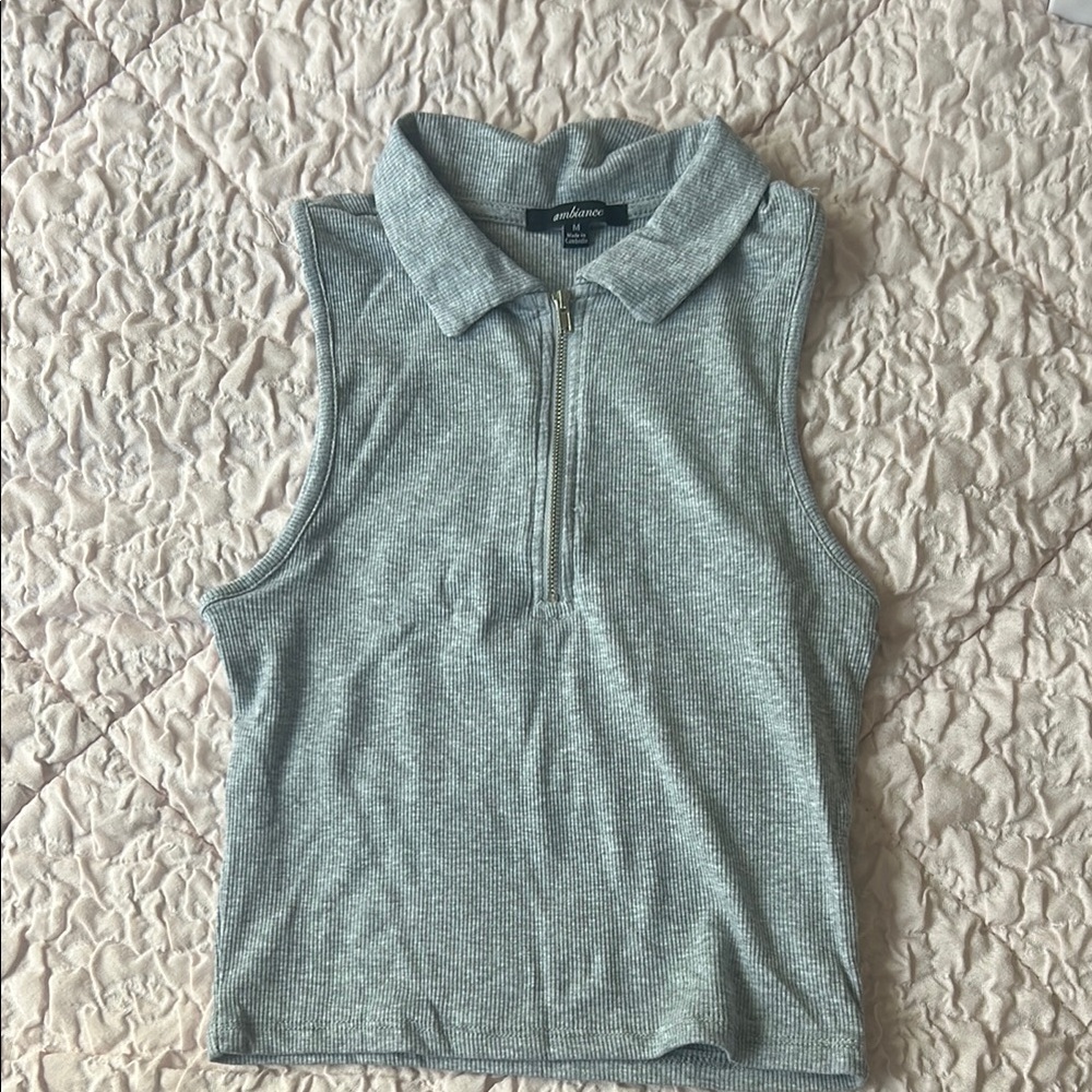 Ambiance Gray Sleeveless Polo Crop Tank